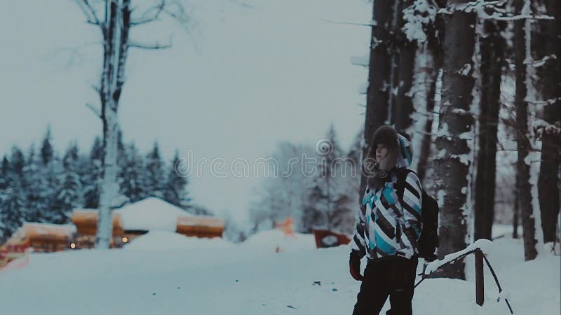 Frau, die allein in Winterwaldmädchen im Winterwald geht