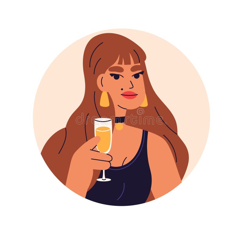 Frau, die Champagner-Glas hält, feiert Feiertag. Kreis Avatar weibliche Charakter Mädchen Portrait mit festlichen stock abbildung