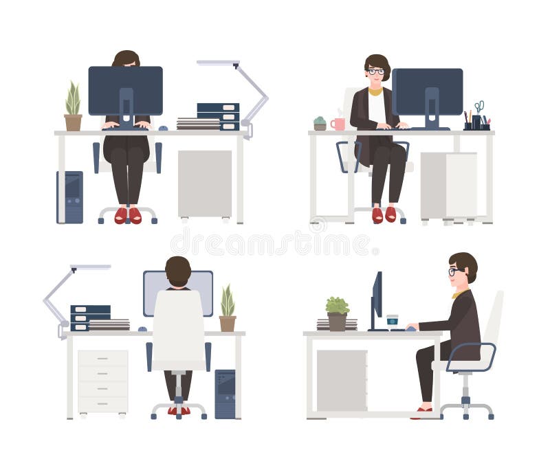 Frau, die an Computer arbeitet Weiblicher Büroangestellter, Sekretär oder Assistent, die im Stuhl am Schreibtisch sitzen flache Z lizenzfreie abbildung