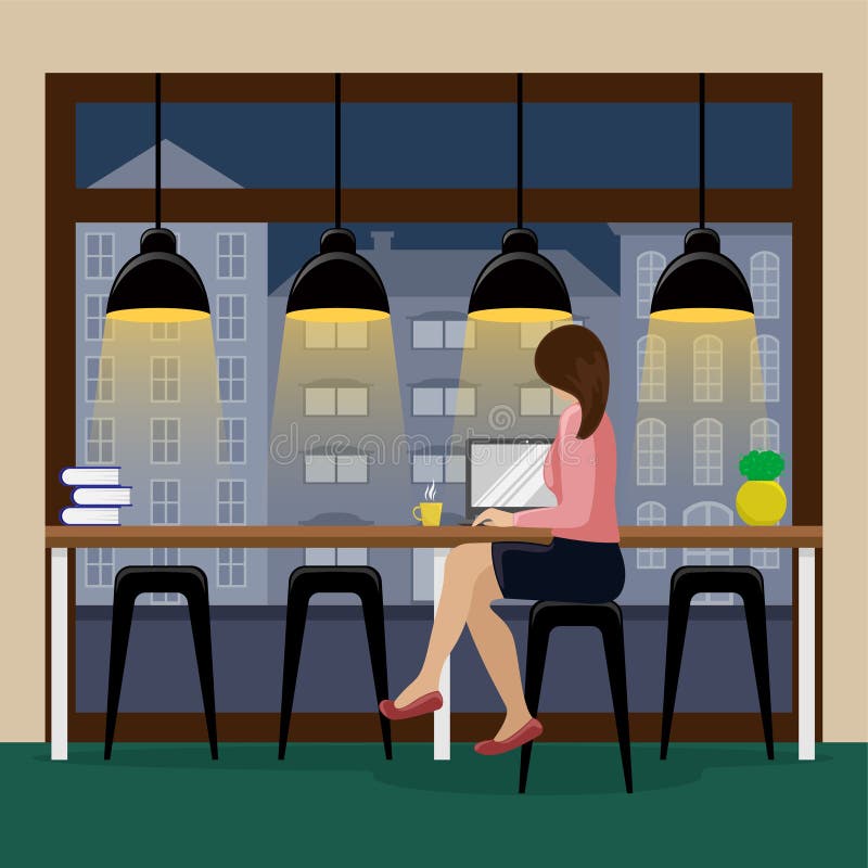 Frau, die am Computer am Stangenzähler nahe dem panoramischen Fenster im Kaffeehaus arbeitet Flug des Vogels - 1 stock abbildung Frau, die am Computer am Stangenzähler nahe dem panoramischen Fenster im Kaffeehaus arbeitet Flug des Vogels - 1 stock abbildung