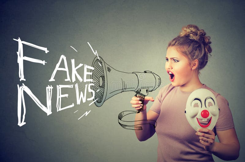 Woman screaming in a megaphone spreading fake social media news. Woman screaming in a megaphone spreading fake social media news