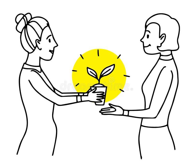 Woman giving a pot with plant to another woman. Lifestyle situation illustration. Vector isolated outline drawing. Woman giving a pot with plant to another woman. Lifestyle situation illustration. Vector isolated outline drawing.