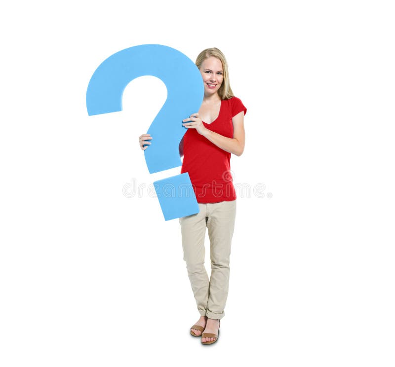 Frau hält Fragezeichen-Symbol lizenzfreie stockbilder