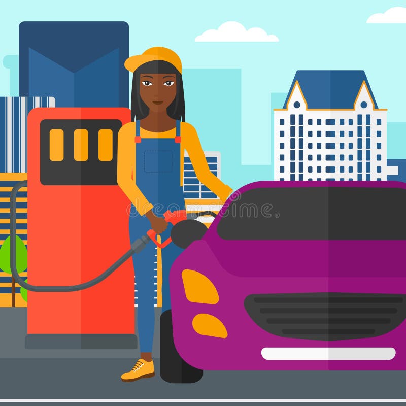 An african-american woman filling up fuel into the car on a city background vector flat design illustration. Square layout. An african-american woman filling up fuel into the car on a city background vector flat design illustration. Square layout.