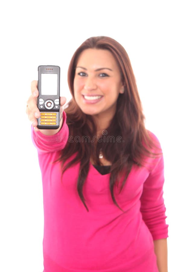 Frau, die heraus Handy anhält stockfotografie Frau, die heraus Handy anhält stockfotografie