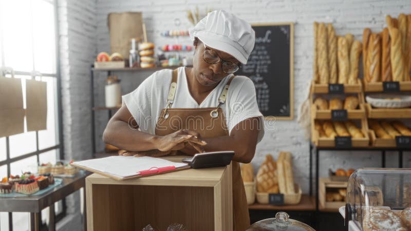 Frau, die die Kosten in einer Bäckerei berechnet, die sich auf einen Rechner mit Brot und Gebäck im Hintergrund konzentriert stockfotos