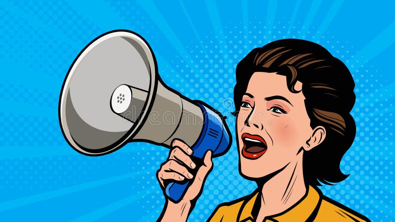 Woman shouting loudly into loudspeaker. Retro comic pop art vector. Woman shouting loudly into loudspeaker. Retro comic pop art vector