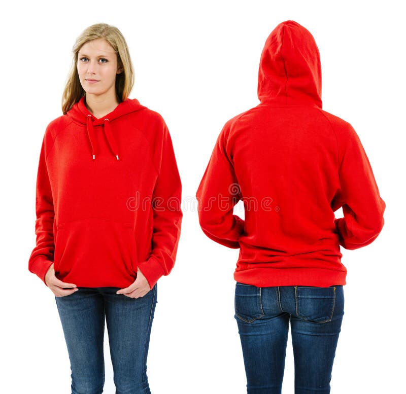 Frau, die leeren roten Hoodie trägt lizenzfreies stockfoto Frau, die leeren roten Hoodie trägt lizenzfreies stockfoto