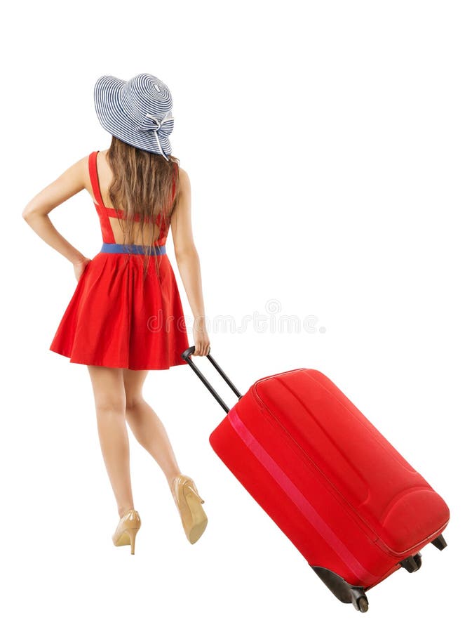 Frau, die rote Kofferferien zieht Sommer holida lizenzfreie stockfotografie Frau, die rote Kofferferien zieht Sommer holida lizenzfreie stockfotografie