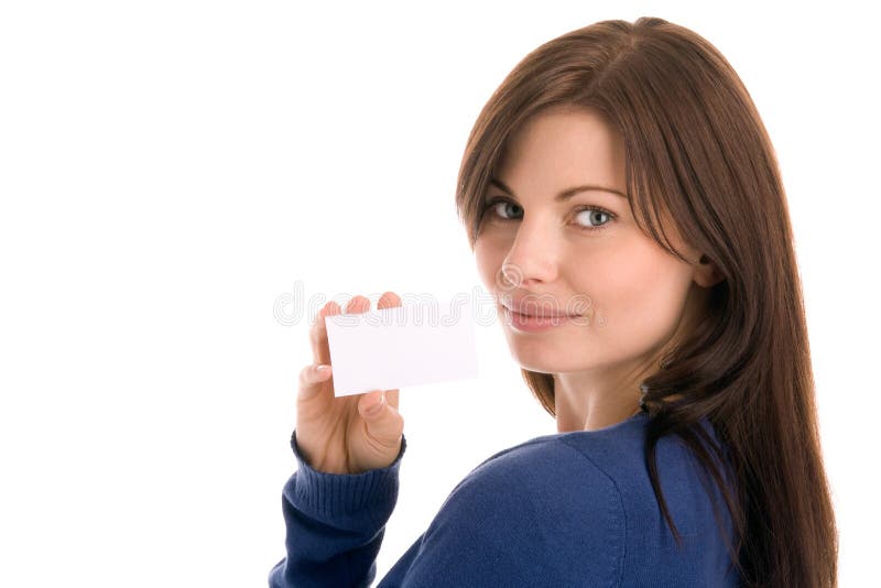 Frau, die unbelegte Visitenkarte anhält stockfotografie Frau, die unbelegte Visitenkarte anhält stockfotografie