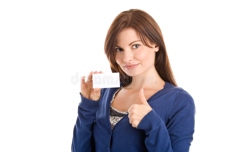 Frau, die unbelegte Visitenkarte anhält lizenzfreies stockbild Frau, die unbelegte Visitenkarte anhält lizenzfreies stockbild