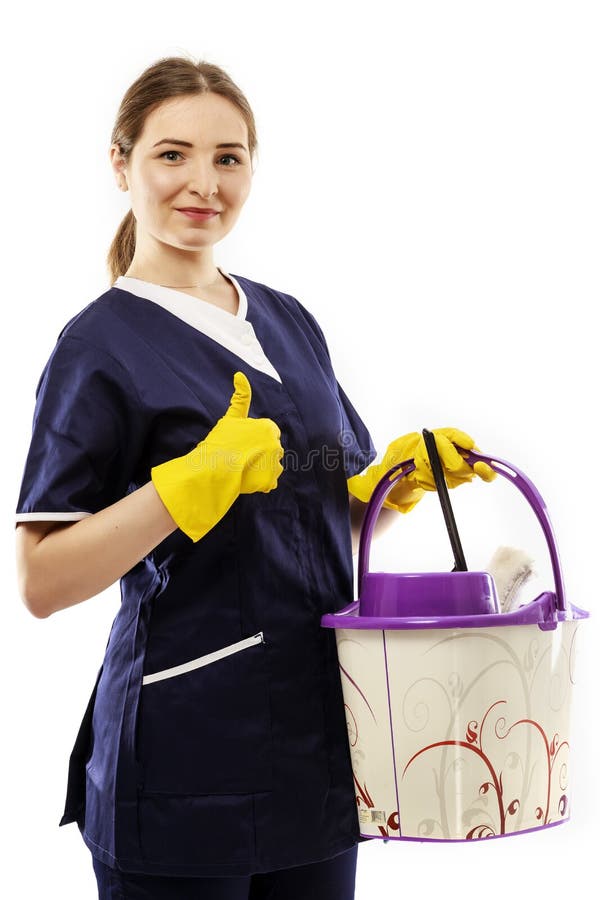 Frau endete, das sind glückliche Daumen nach einem erfolgreichen Frühjahrsputz zu reinigen. stockfoto