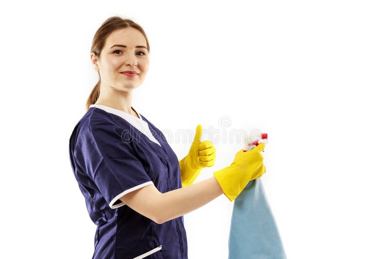 Frau endete, das sind glückliche Daumen nach einem erfolgreichen Frühjahrsputz zu reinigen. lizenzfreie stockfotografie