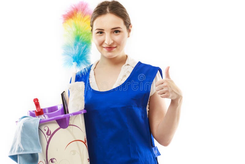Frau endete, das sind glückliche Daumen nach einem erfolgreichen Frühling cleaningon weißen Hintergrund zu reinigen stockfotos
