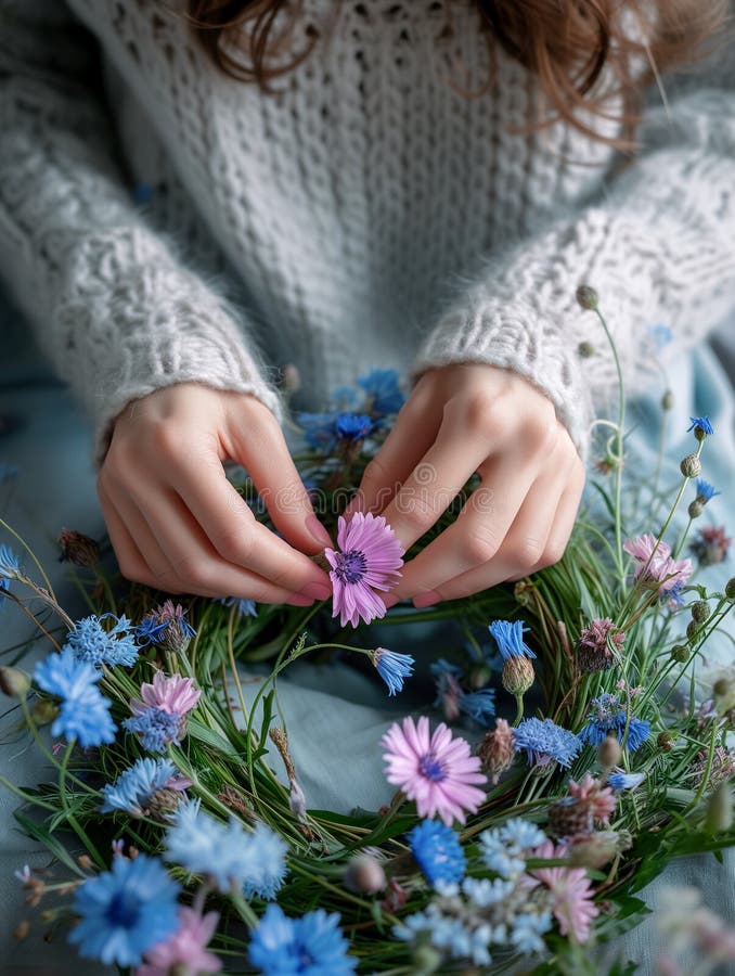 Frau im gemütlichen grauen Pullover, die einen Kranz frischer wilder Blumen und Kräuter für Mitsommer feiert. generative Hilfe lizenzfreie abbildung