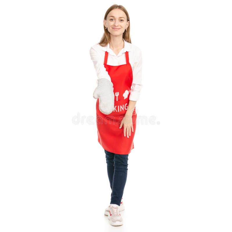 Frau im roten Schutzblech im Handküchen-Bäckereihandschuh lizenzfreies stockbild Frau im roten Schutzblech im Handküchen-Bäckereihandschuh lizenzfreies stockbild