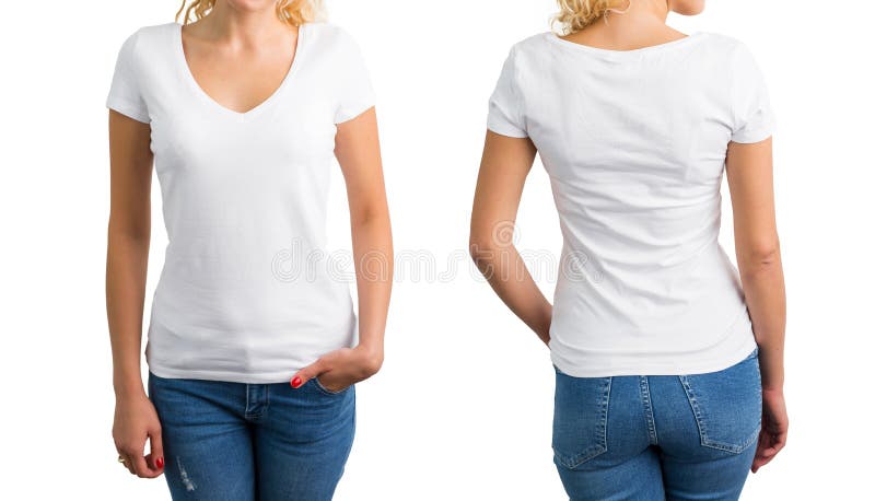 Frau im weißem V-Ausschnitts-T-Shirt, -front und -rückseite stockfoto