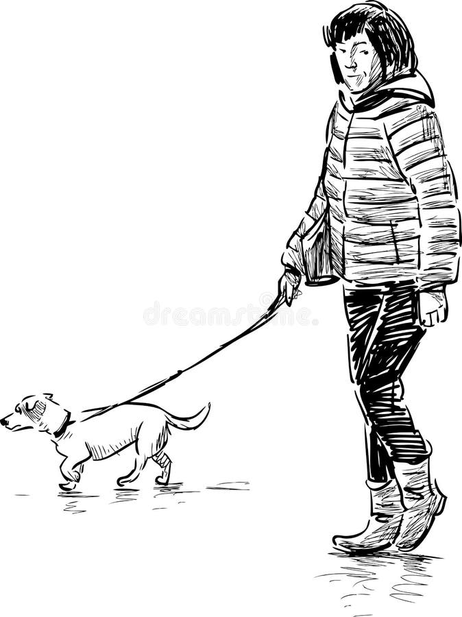 Frau Mit Ihrem Hund Auf Einem Weg Vektor Abbildung Illustration von