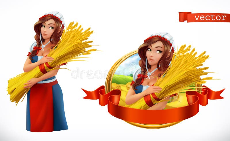 Woman with a sheaf of wheat. Peasant, farmer character and label. 3d vector icon. Woman with a sheaf of wheat. Peasant, farmer character and label. 3d vector icon