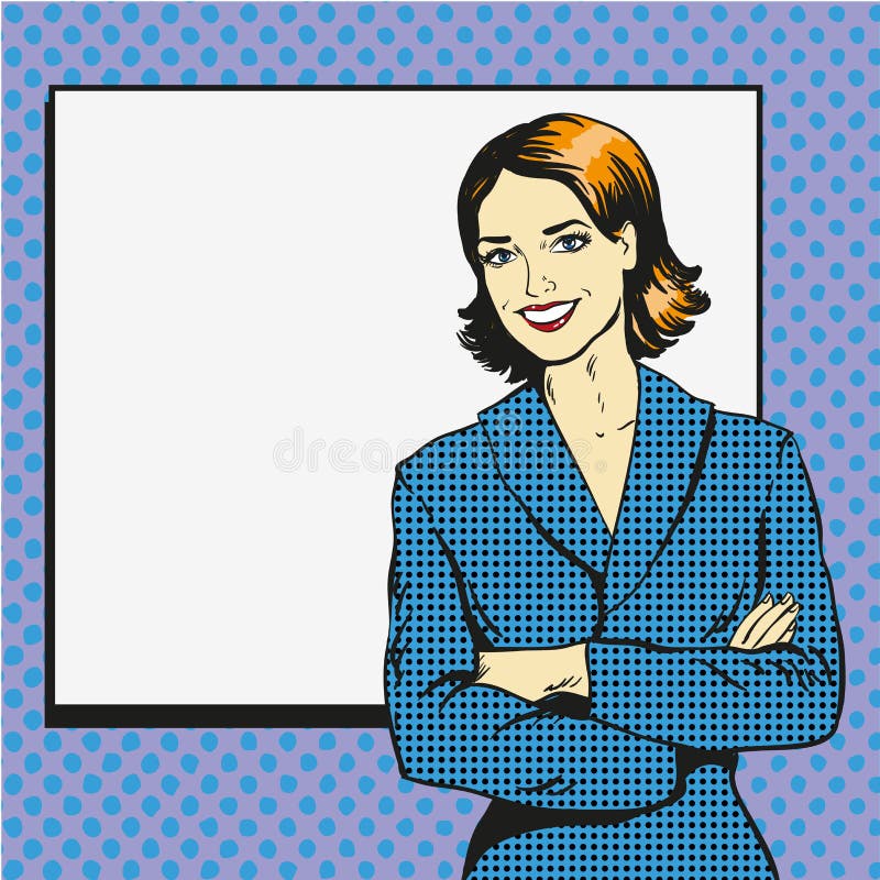 Frau mit leerem Weißbuchplakat Vektor-Illustration Retrostil der Pop-Art komische stock abbildung Frau mit leerem Weißbuchplakat Vektor-Illustration Retrostil der Pop-Art komische stock abbildung