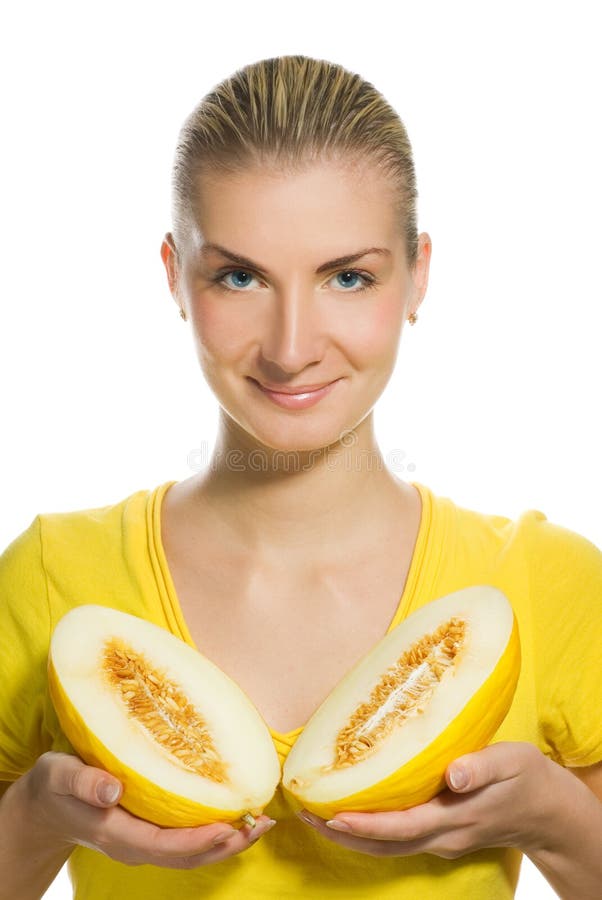 Frau mit reifer Melone stockbild Frau mit reifer Melone stockbild