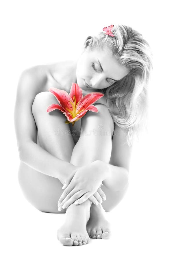 Frau mit rosafarbener Lilienblume stockbild Frau mit rosafarbener Lilienblume stockbild
