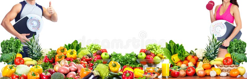 Woman with scales fruits and vegetables background. Woman with scales fruits and vegetables background