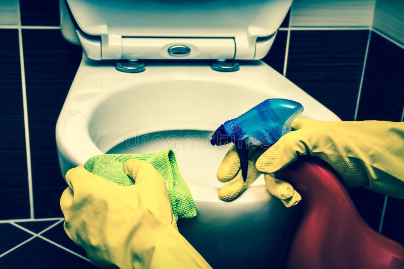 Frau säubert Toilettenschüssel mit einem Lappen und einem Desinfektionsmittel stockfoto Frau säubert Toilettenschüssel mit einem Lappen und einem Desinfektionsmittel stockfoto