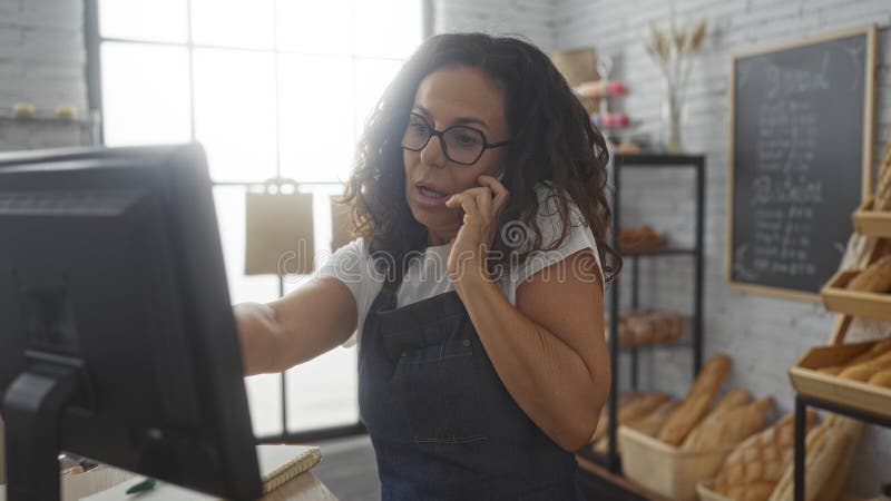 Frau telefonisch während der Arbeit am Computer in einer gemütlichen Bäckerei mit Regalen für Brot und Tafel Menü lizenzfreies stockbild