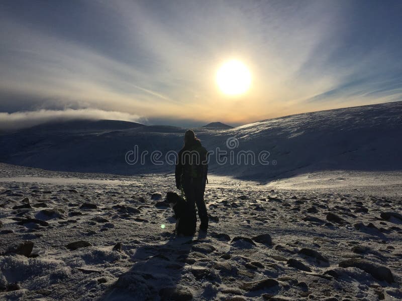 Frau und Hund, die in den Bergen wandern lizenzfreies stockbild Frau und Hund, die in den Bergen wandern lizenzfreies stockbild
