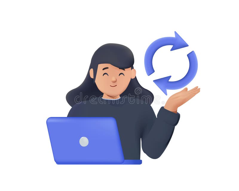 Frau und Pfeilrad Symbol 3d Rendering-Zeichen. Konzept für die Aktualisierung oder Erneuerung von Softwareversionen, Angabe 3d lizenzfreie abbildung