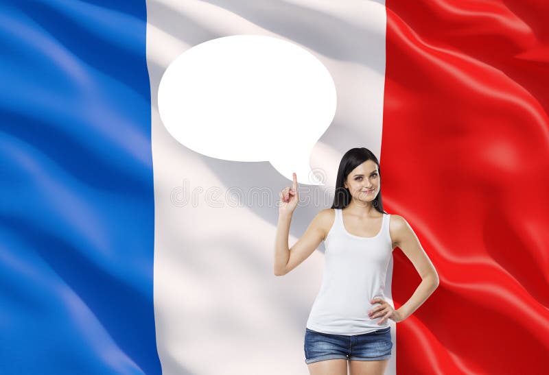 Frau unterstreicht die leere Gedankenblase Französische Flagge als Hintergrund stockbild Frau unterstreicht die leere Gedankenblase Französische Flagge als Hintergrund stockbild