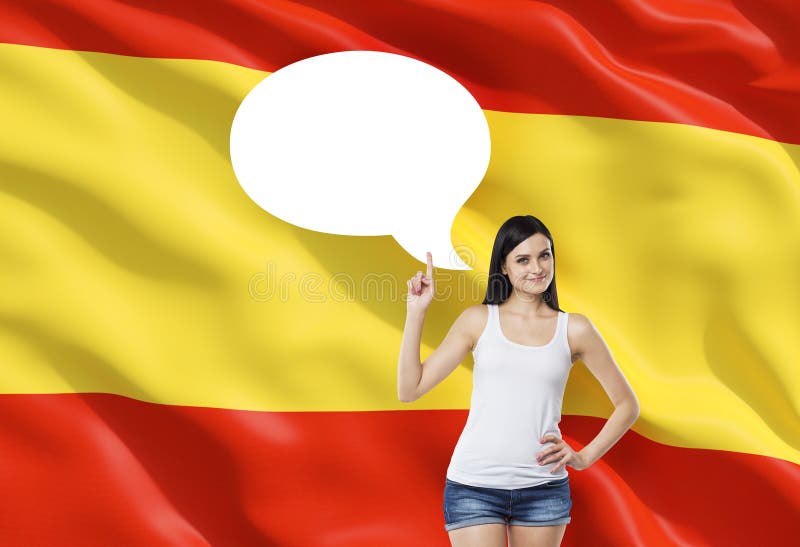 Frau unterstreicht die leere Gedankenblase Spanische Flagge als Hintergrund lizenzfreie stockbilder Frau unterstreicht die leere Gedankenblase Spanische Flagge als Hintergrund lizenzfreie stockbilder