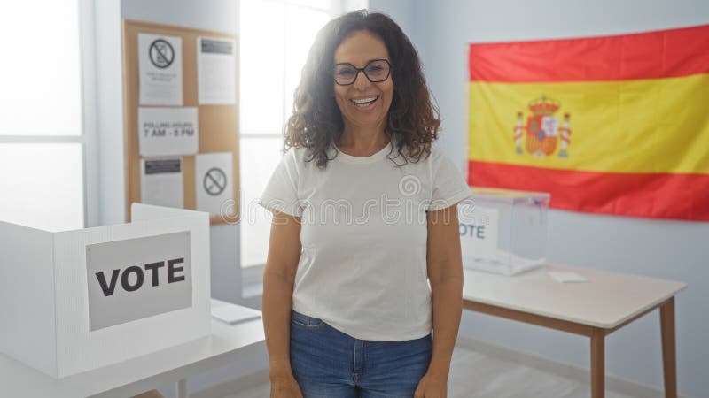 Frauen, die an einer Wahlschule mit spanischer Flagge und Wahlkabinen im Hintergrund abstimmen stockbild