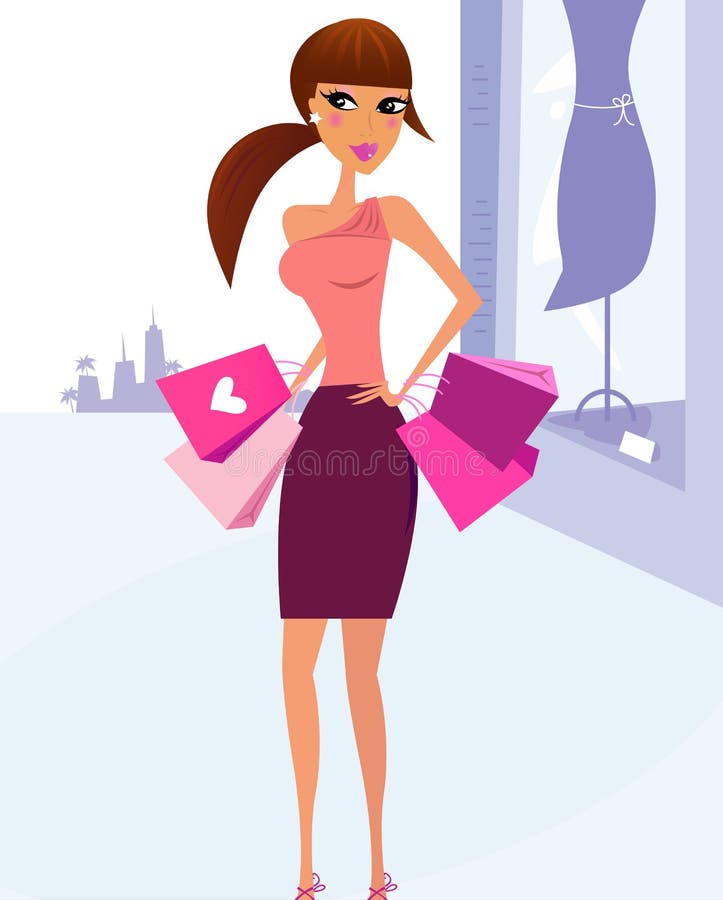 Woman with shopping bags in town. Vector Illustration in retro style. Woman with shopping bags in town. Vector Illustration in retro style.