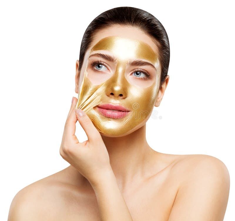 Frauen-Goldmaske, schöne Modell-Removing Golden Facial-Haut-Kosmetik, Schönheit Skincare und Behandlung stockbild Frauen-Goldmaske, schöne Modell-Removing Golden Facial-Haut-Kosmetik, Schönheit Skincare und Behandlung stockbild