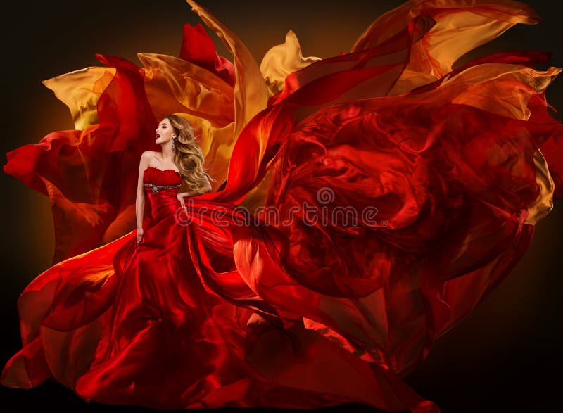 Frauen-Mode-Kleid, das rotes Gewebe, Mädchen-wellenartig bewegenden Silk Stoff fliegt