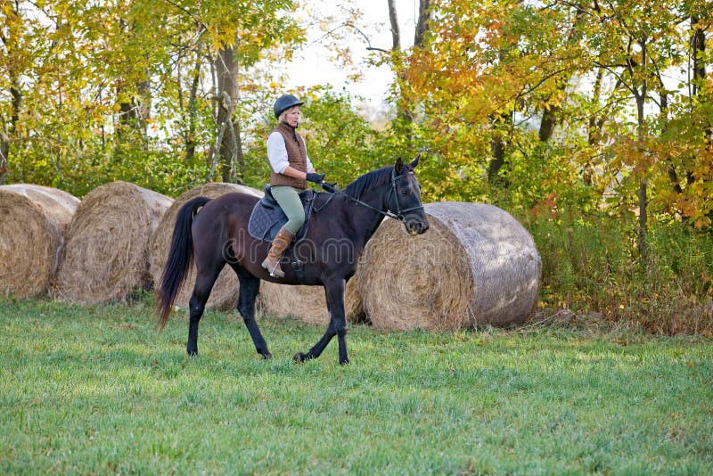 Frau reitet Pferd stockbild