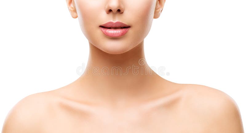 Frauen-Schönheits-Hautpflege-, vorbildlichesface lips neck und Schultern auf Weiß