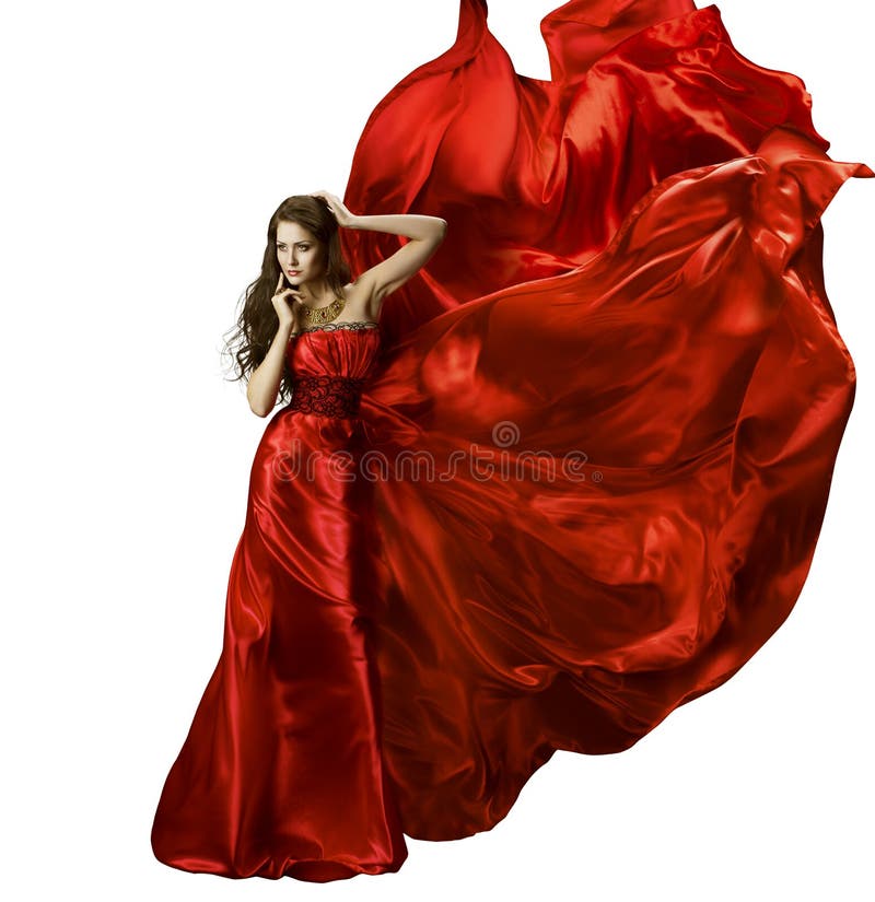 Frauen-Schönheits-Mode-Kleid, Mädchen im roten eleganten Silk Kleiderwellenartig bewegen