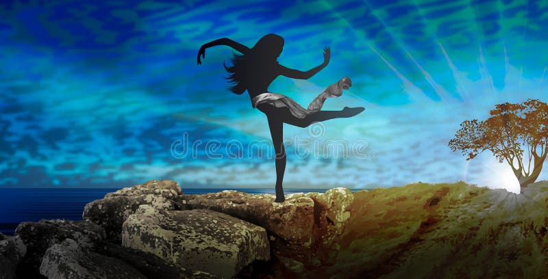 Frauenballerina-Schattenbildtanzen in der Natur stock abbildung Frauenballerina-Schattenbildtanzen in der Natur stock abbildung