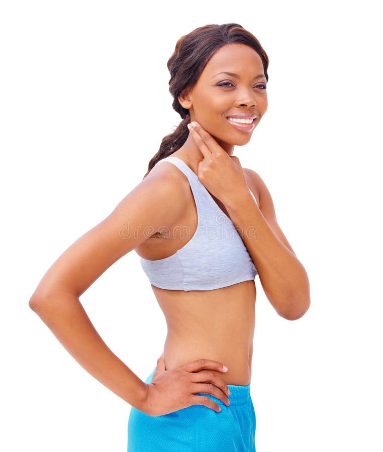 Frauenhals und Herzfrequenz für Impuls zur Überwachung des Gesundheitsrhythmus auf weißem Studio-Hintergrund. schwarze Hand oder. Black Person Hand oder Workout Fortschritt als Wellness- oder Cardio-Sportler Zeitsport oder Zählung.