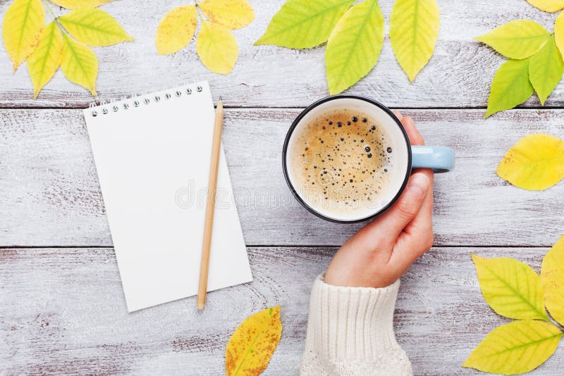 Frauenhand, die Tasse Kaffee, offenes Notizbuch und Herbstlaub auf Draufsicht des Weinleseholztischs hält Gemütliches Frühstück lizenzfreie stockfotos Frauenhand, die Tasse Kaffee, offenes Notizbuch und Herbstlaub auf Draufsicht des Weinleseholztischs hält Gemütliches Frühstück lizenzfreie stockfotos