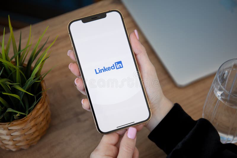 Frauenhandholding iPhone 12 Höchstwert Progold mit linkedin stockfotografie