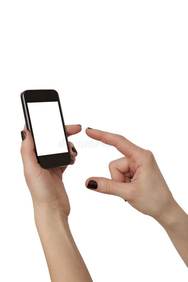 Frauenhände unter Verwendung des Handys lokalisiert über Weiß