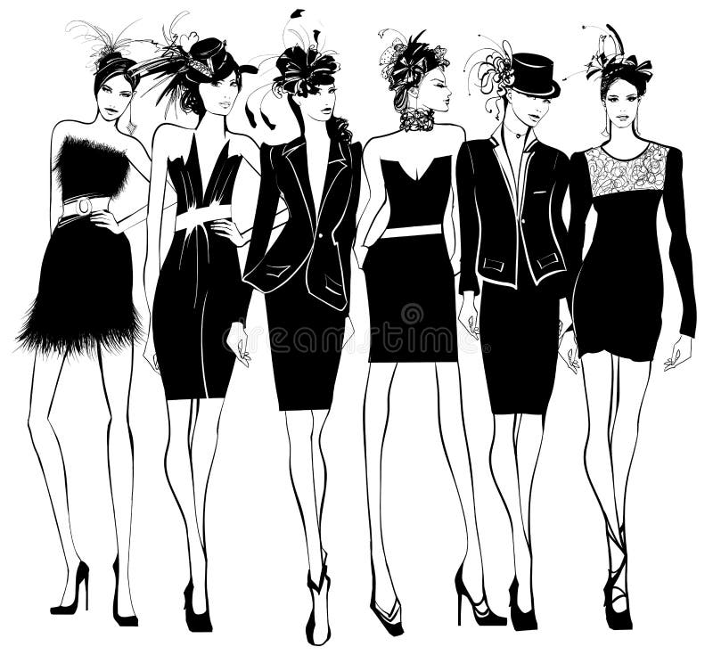 Frauenmode-modelle im schwarzen Kleid und im Federhut lizenzfreie abbildung