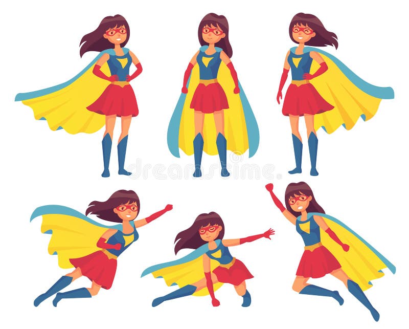 Frauensuperheldcharakter Wundermädchen im Superwomankostüm mit Mantel Superheldheldcharakter-Vektorillustration