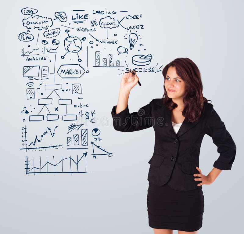 Frauenzeichnungsgeschäftsentwurf und -ikonen auf whiteboard lizenzfreie stockbilder Frauenzeichnungsgeschäftsentwurf und -ikonen auf whiteboard lizenzfreie stockbilder