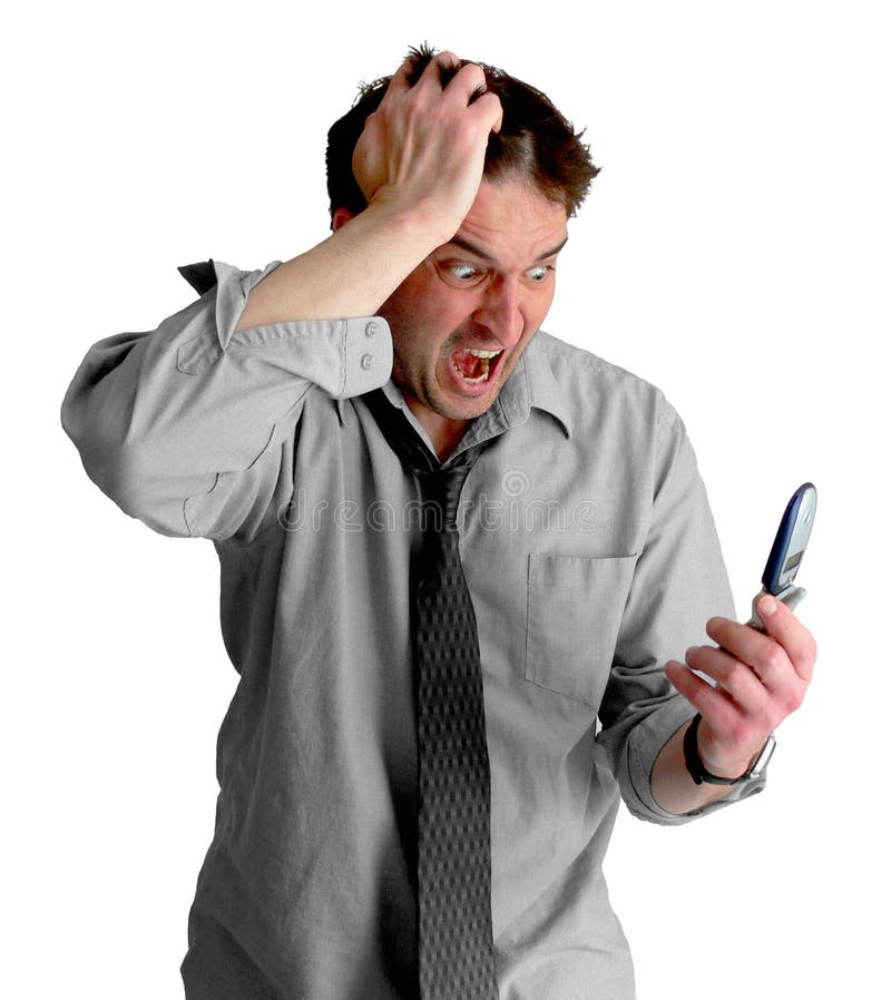 Angry, freaked-out business man pulling his hair while yelling at a cell phone. Angry, freaked-out business man pulling his hair while yelling at a cell phone.