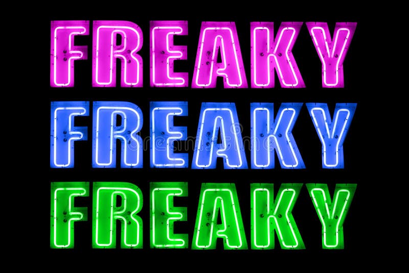 A neon logo saying freaky three times, in purple, blue, and green on a blac...